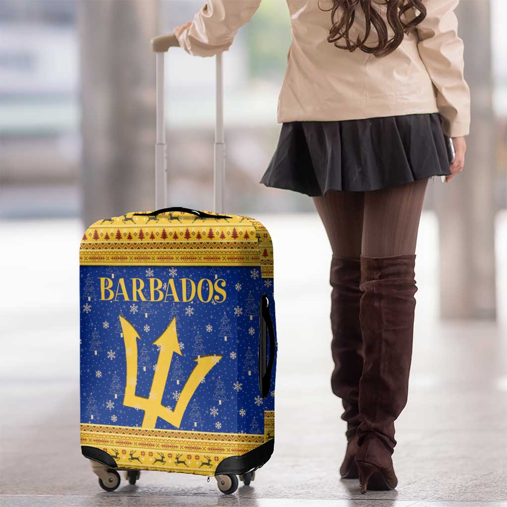 Barbados Christmas Luggage Cover with Blue Yellow Xmas Trident Santa and Reindeer TS04