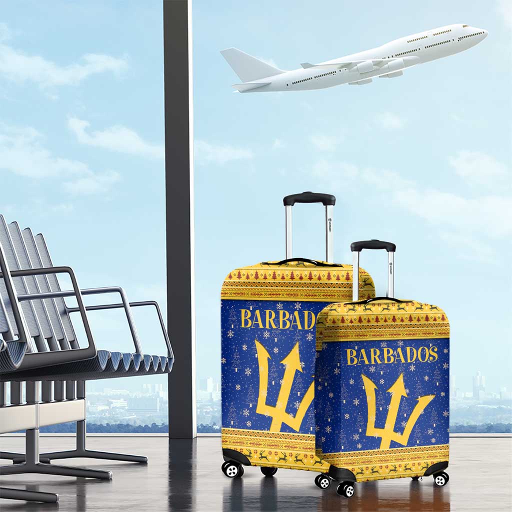 Barbados Christmas Luggage Cover with Blue Yellow Xmas Trident Santa and Reindeer TS04