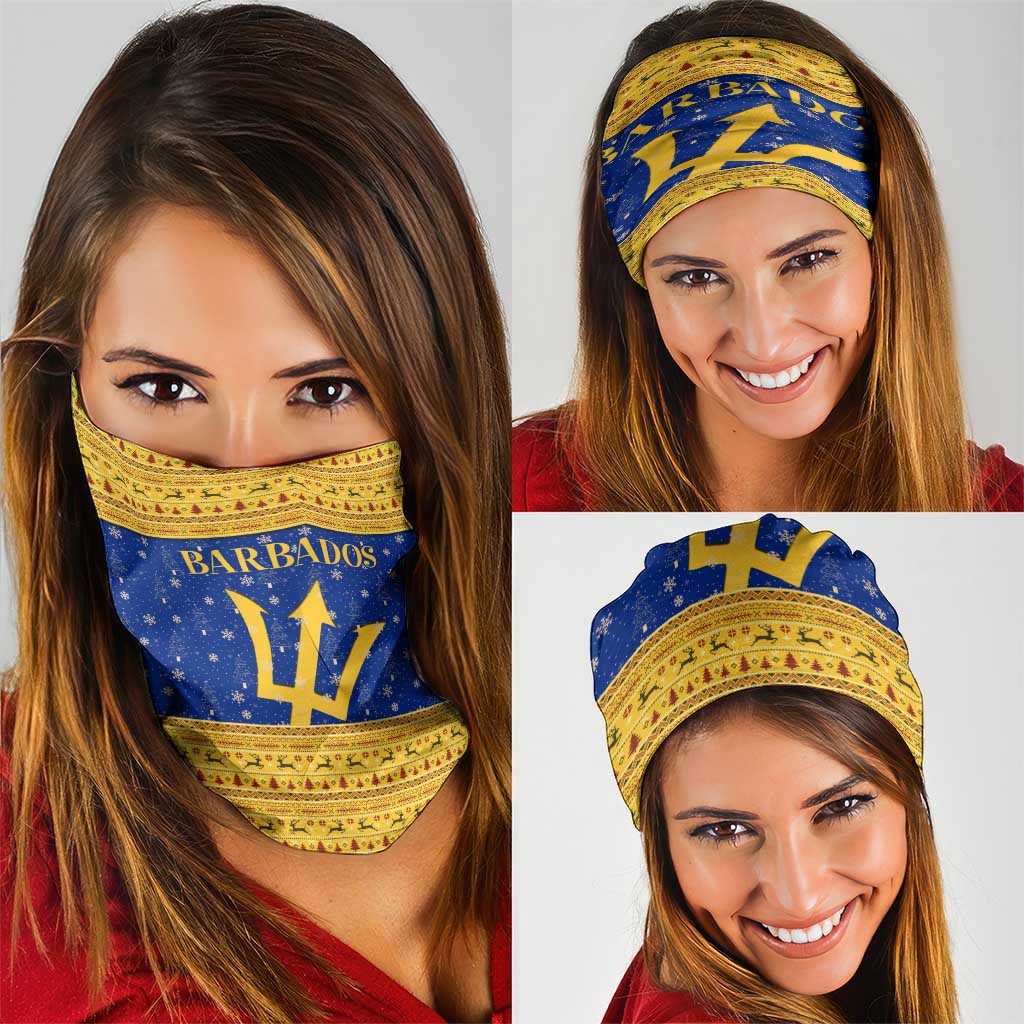 Barbados Christmas Neck Gaiter with Blue Yellow Xmas Trident Santa and Reindeer TS04