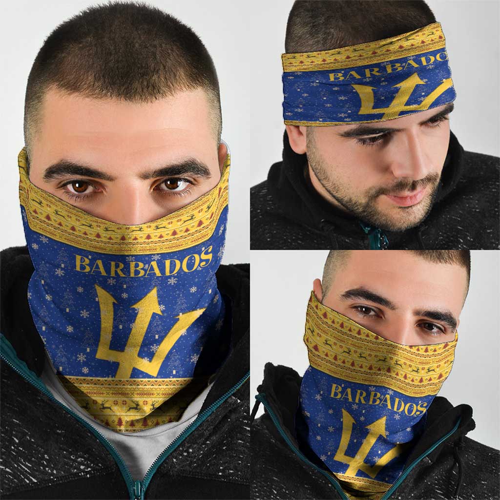 Barbados Christmas Neck Gaiter with Blue Yellow Xmas Trident Santa and Reindeer TS04