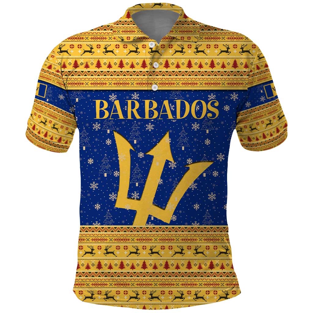 Barbados Christmas Polo Shirt with Blue Yellow Xmas Trident Santa and Reindeer TS04