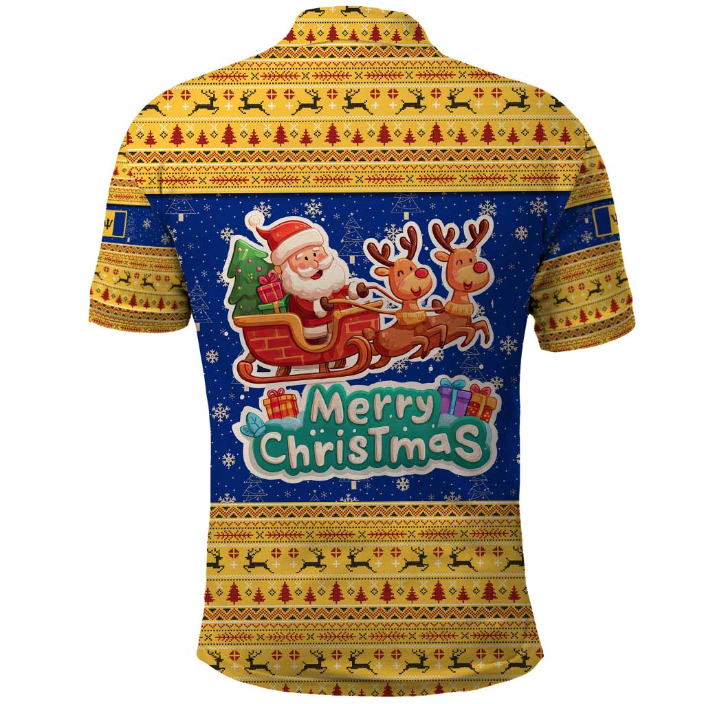 Barbados Christmas Polo Shirt with Blue Yellow Xmas Trident Santa and Reindeer TS04