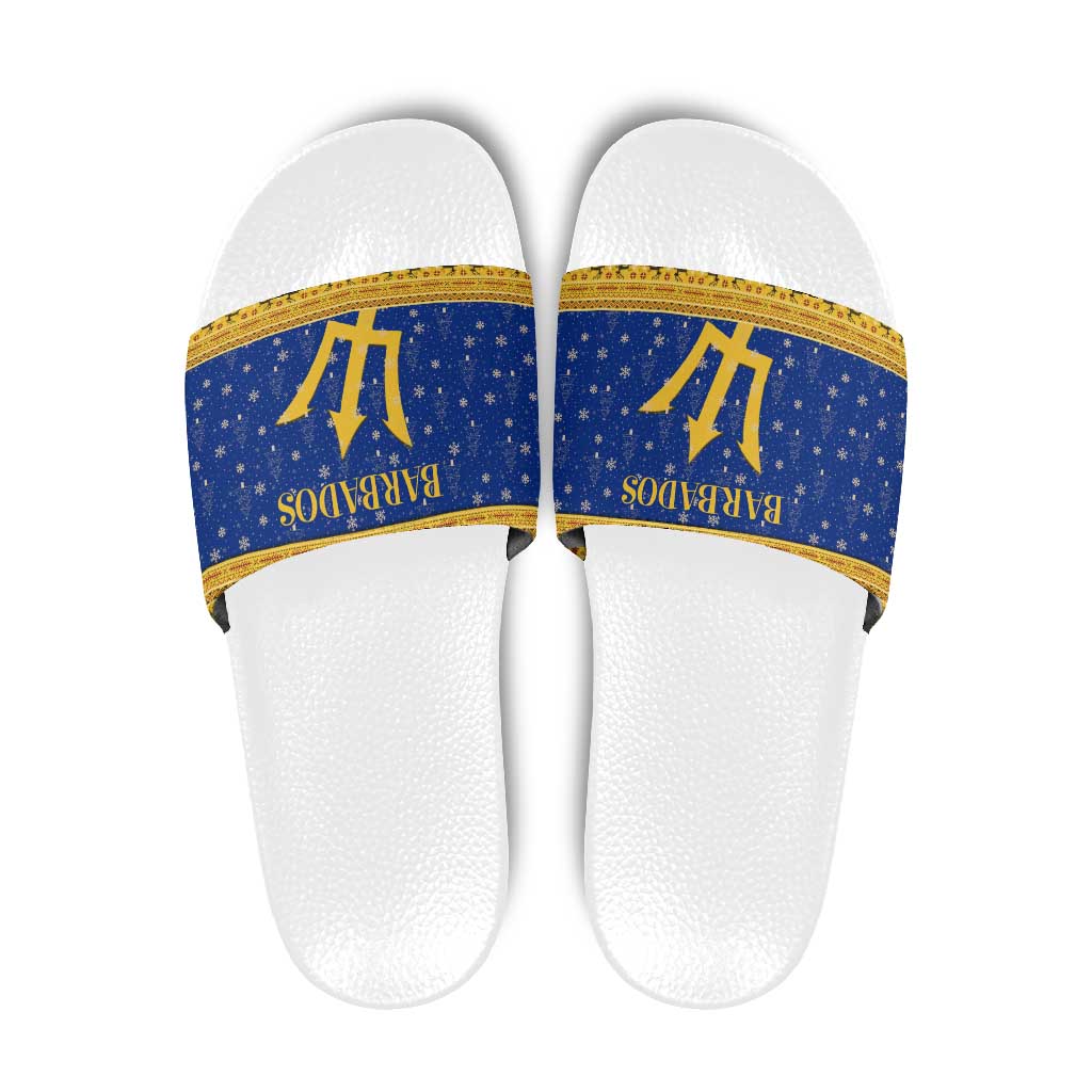 Barbados Christmas Slide Sandals with Blue Yellow Xmas Trident Santa and Reindeer TS04
