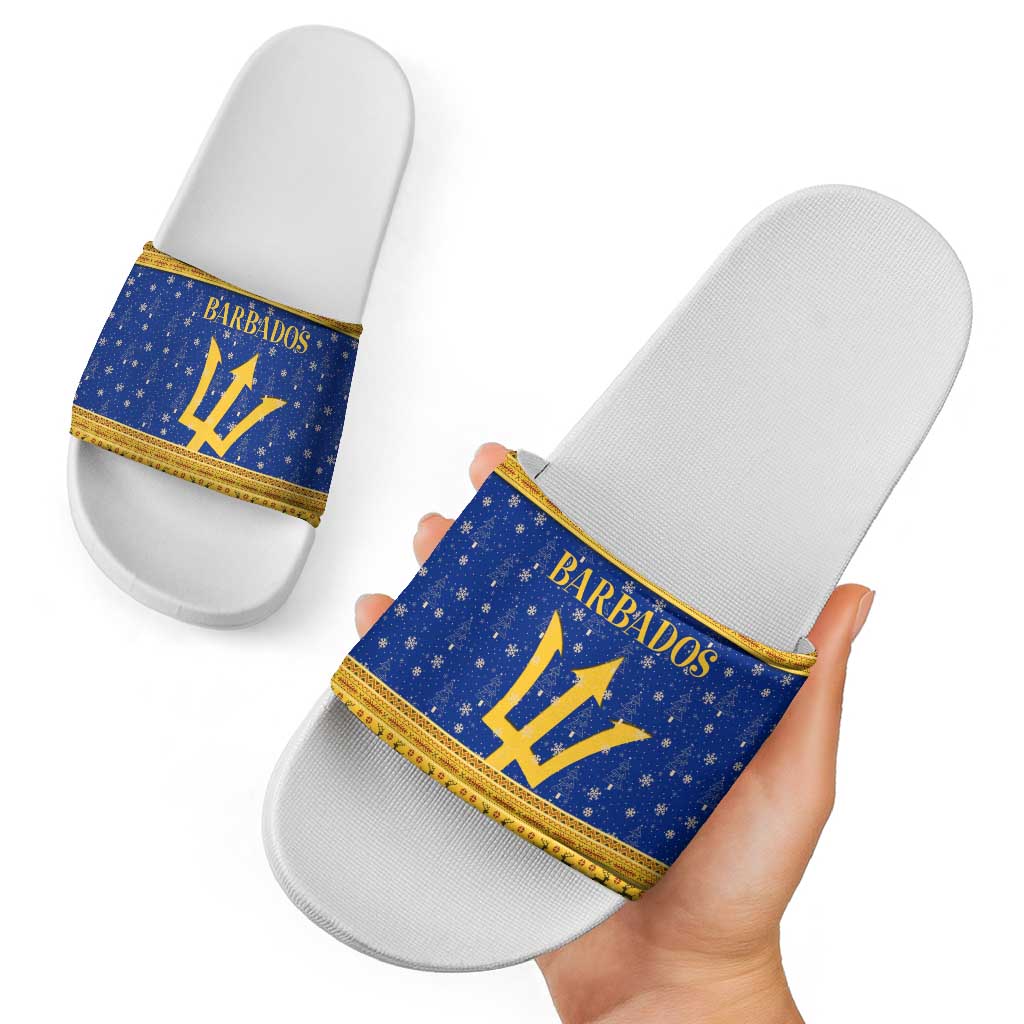 Barbados Christmas Slide Sandals with Blue Yellow Xmas Trident Santa and Reindeer TS04