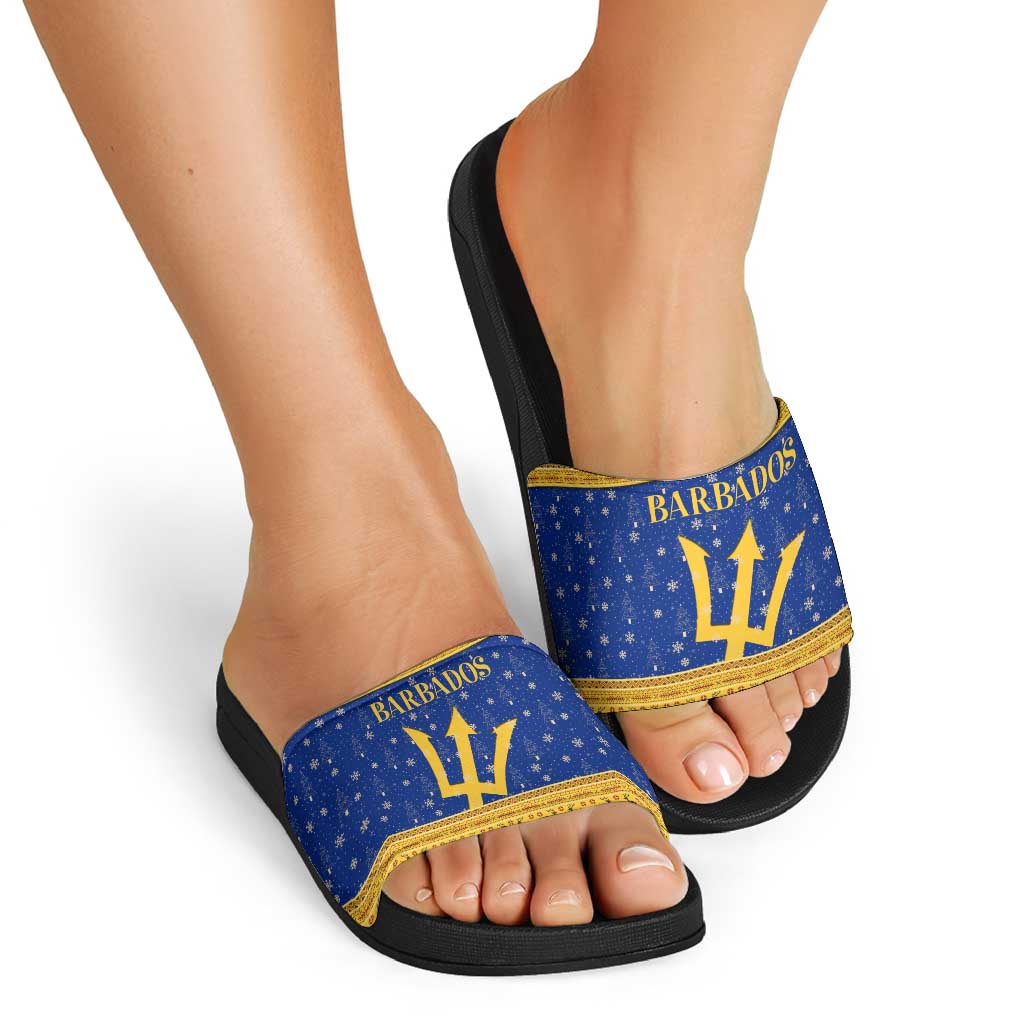 Barbados Christmas Slide Sandals with Blue Yellow Xmas Trident Santa and Reindeer TS04
