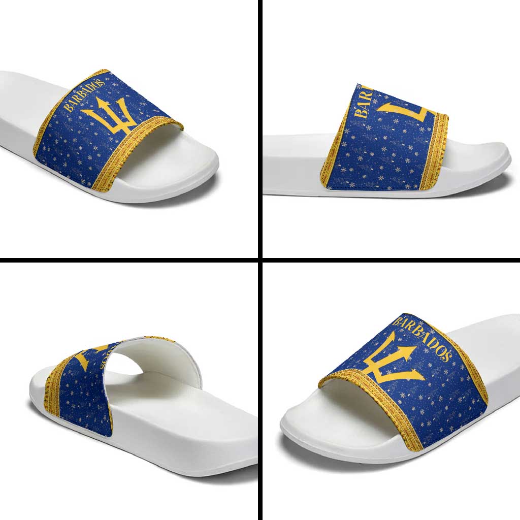 Barbados Christmas Slide Sandals with Blue Yellow Xmas Trident Santa and Reindeer TS04