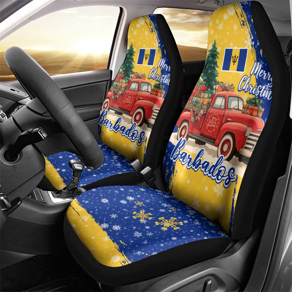 Barbados Christmas Car Seat Cover with Blue Yellow Xmas Snowflakes Red Truck and Coat of Arms TS04