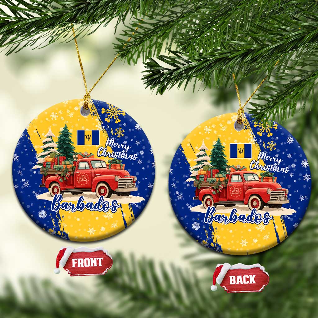 Barbados Christmas Ceramic Ornament with Blue Yellow Xmas Snowflakes Red Truck and Coat of Arms TS04