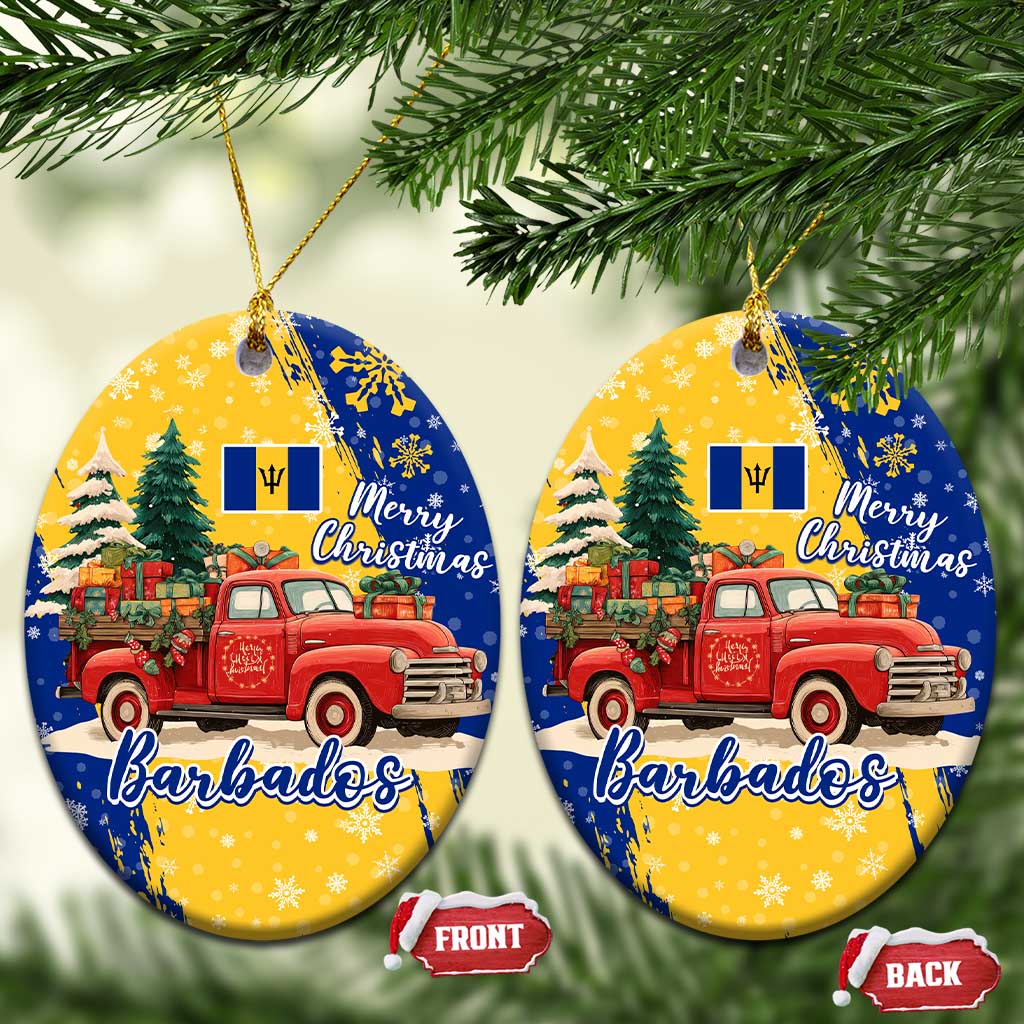 Barbados Christmas Ceramic Ornament with Blue Yellow Xmas Snowflakes Red Truck and Coat of Arms TS04