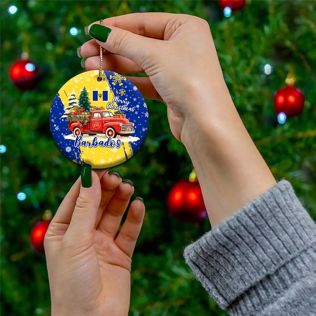 Barbados Christmas Ceramic Ornament with Blue Yellow Xmas Snowflakes Red Truck and Coat of Arms TS04