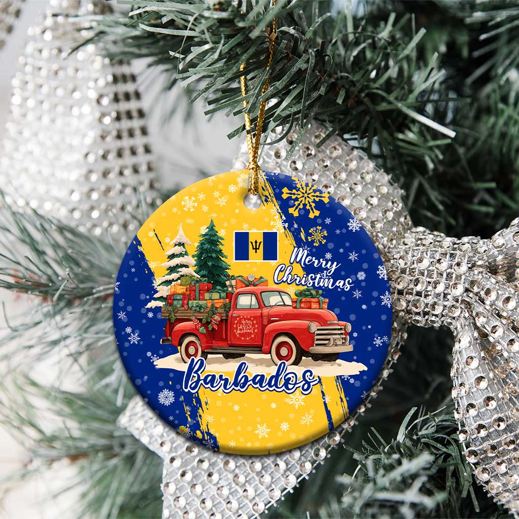 Barbados Christmas Ceramic Ornament with Blue Yellow Xmas Snowflakes Red Truck and Coat of Arms TS04