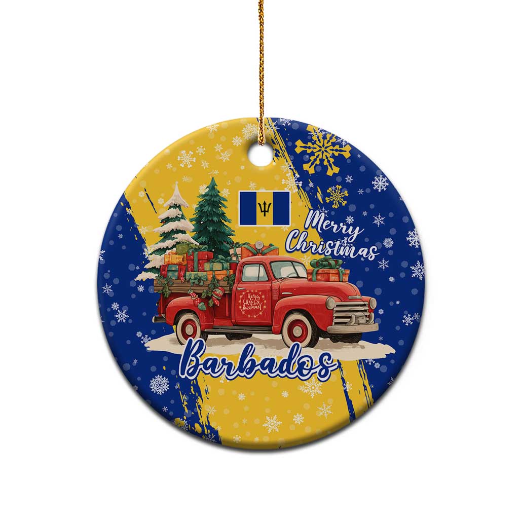 Barbados Christmas Ceramic Ornament with Blue Yellow Xmas Snowflakes Red Truck and Coat of Arms TS04