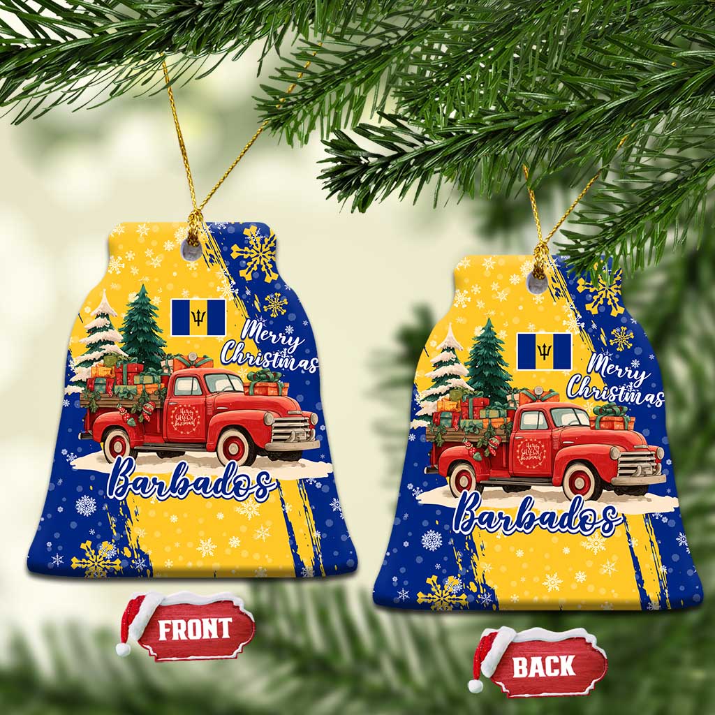 Barbados Christmas Ceramic Ornament with Blue Yellow Xmas Snowflakes Red Truck and Coat of Arms TS04