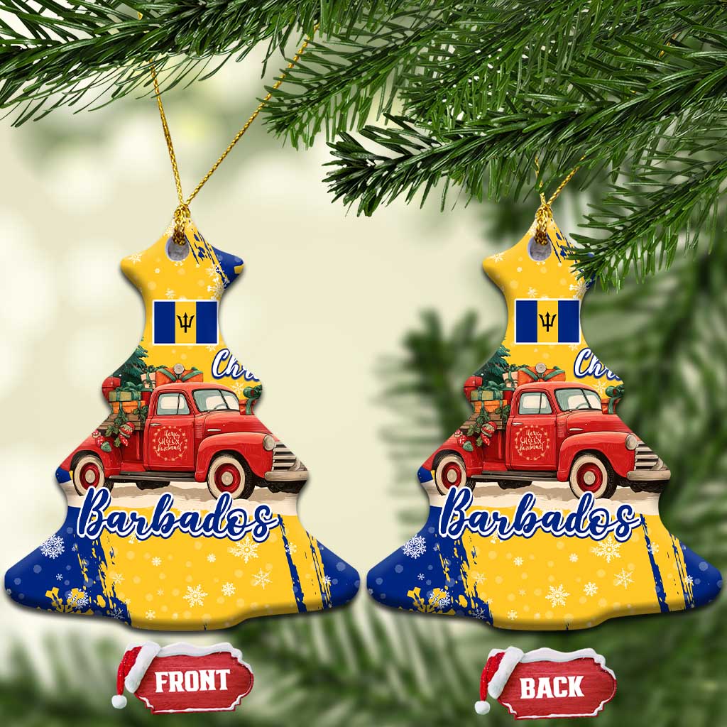 Barbados Christmas Ceramic Ornament with Blue Yellow Xmas Snowflakes Red Truck and Coat of Arms TS04