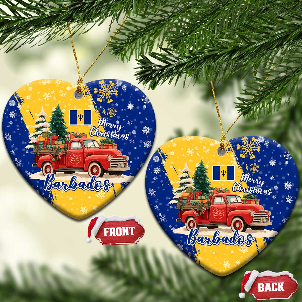 Barbados Christmas Ceramic Ornament with Blue Yellow Xmas Snowflakes Red Truck and Coat of Arms TS04