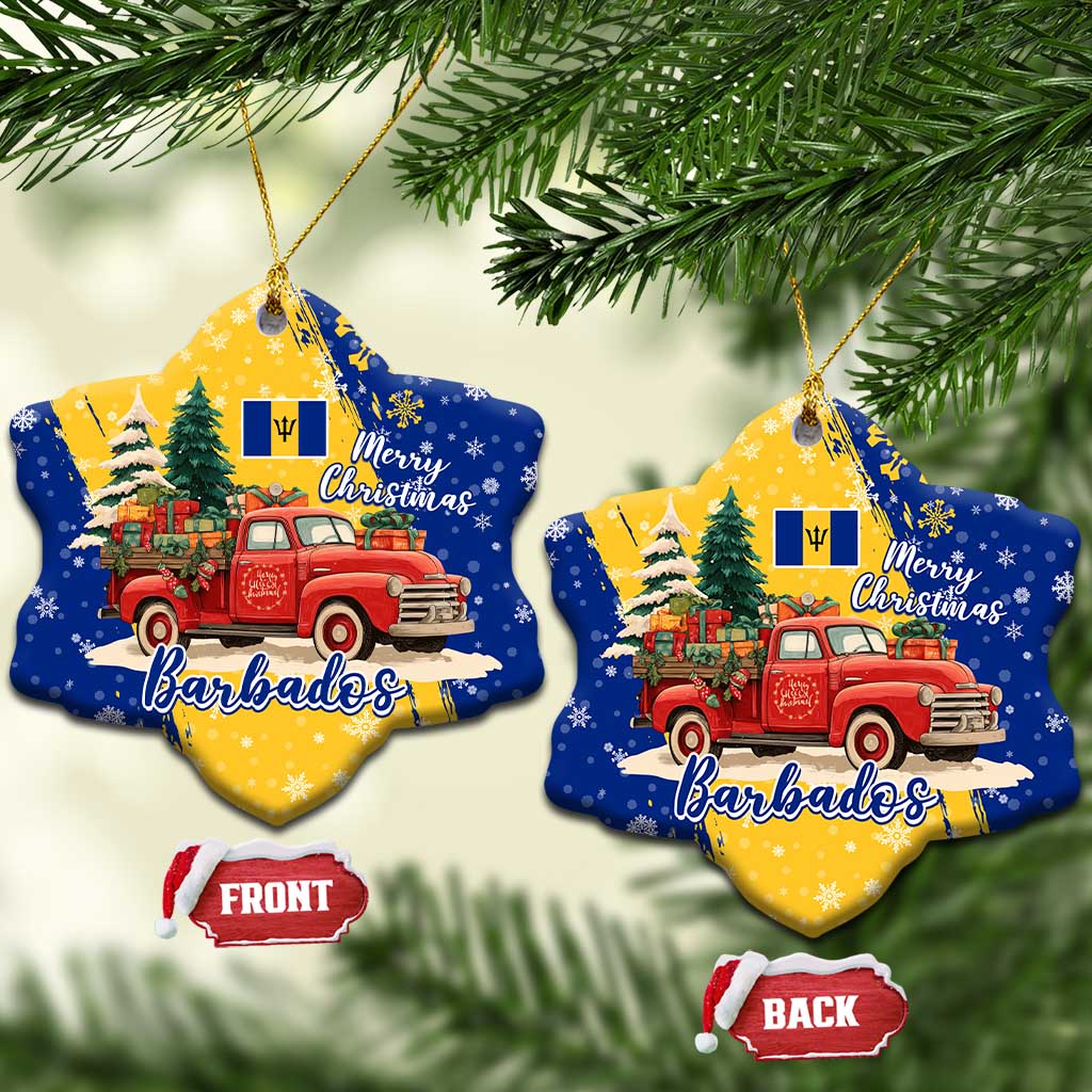 Barbados Christmas Ceramic Ornament with Blue Yellow Xmas Snowflakes Red Truck and Coat of Arms TS04