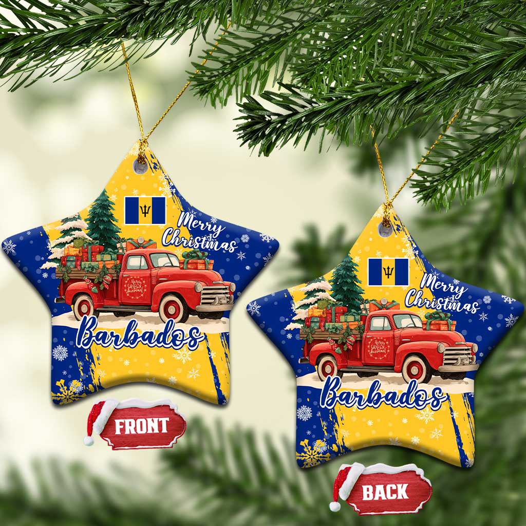 Barbados Christmas Ceramic Ornament with Blue Yellow Xmas Snowflakes Red Truck and Coat of Arms TS04