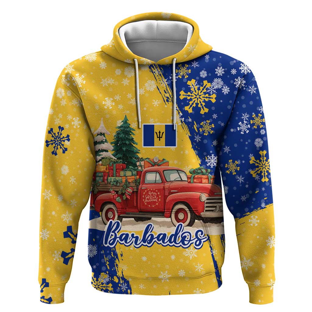 Barbados Christmas Hoodie with Blue Yellow Xmas Snowflakes Red Truck and Coat of Arms TS04