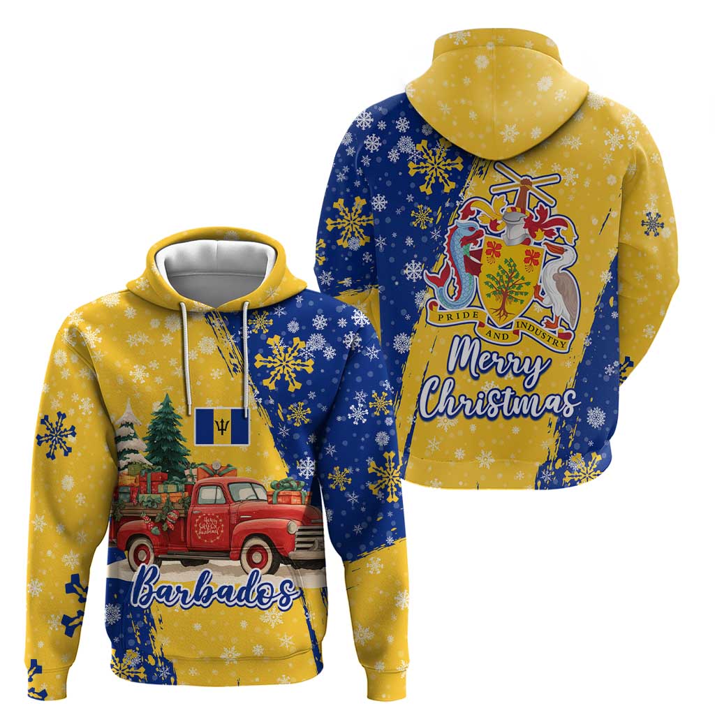 Barbados Christmas Hoodie with Blue Yellow Xmas Snowflakes Red Truck and Coat of Arms TS04