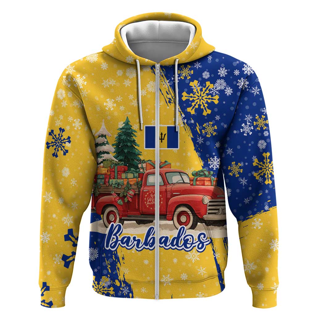 Barbados Christmas Hoodie with Blue Yellow Xmas Snowflakes Red Truck and Coat of Arms TS04