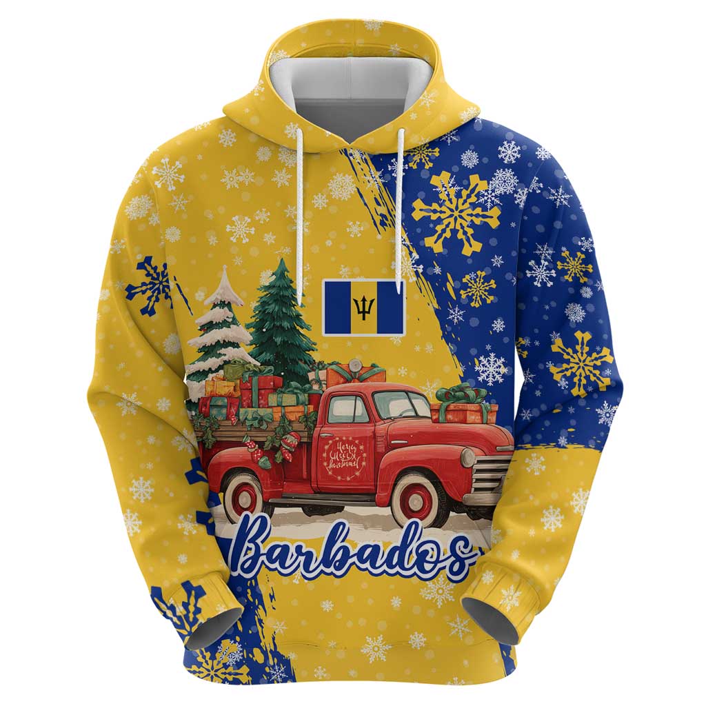 Barbados Christmas Hoodie with Blue Yellow Xmas Snowflakes Red Truck and Coat of Arms TS04