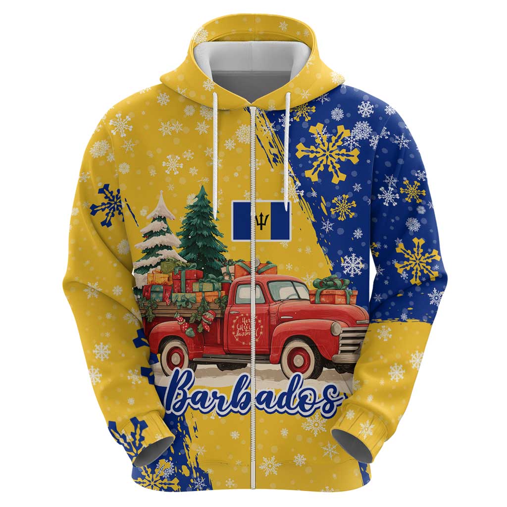 Barbados Christmas Hoodie with Blue Yellow Xmas Snowflakes Red Truck and Coat of Arms TS04
