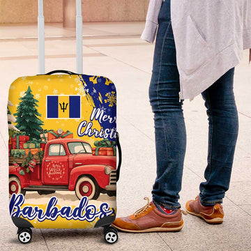 Barbados Christmas Luggage Cover with Blue Yellow Xmas Snowflakes Red Truck and Coat of Arms TS04