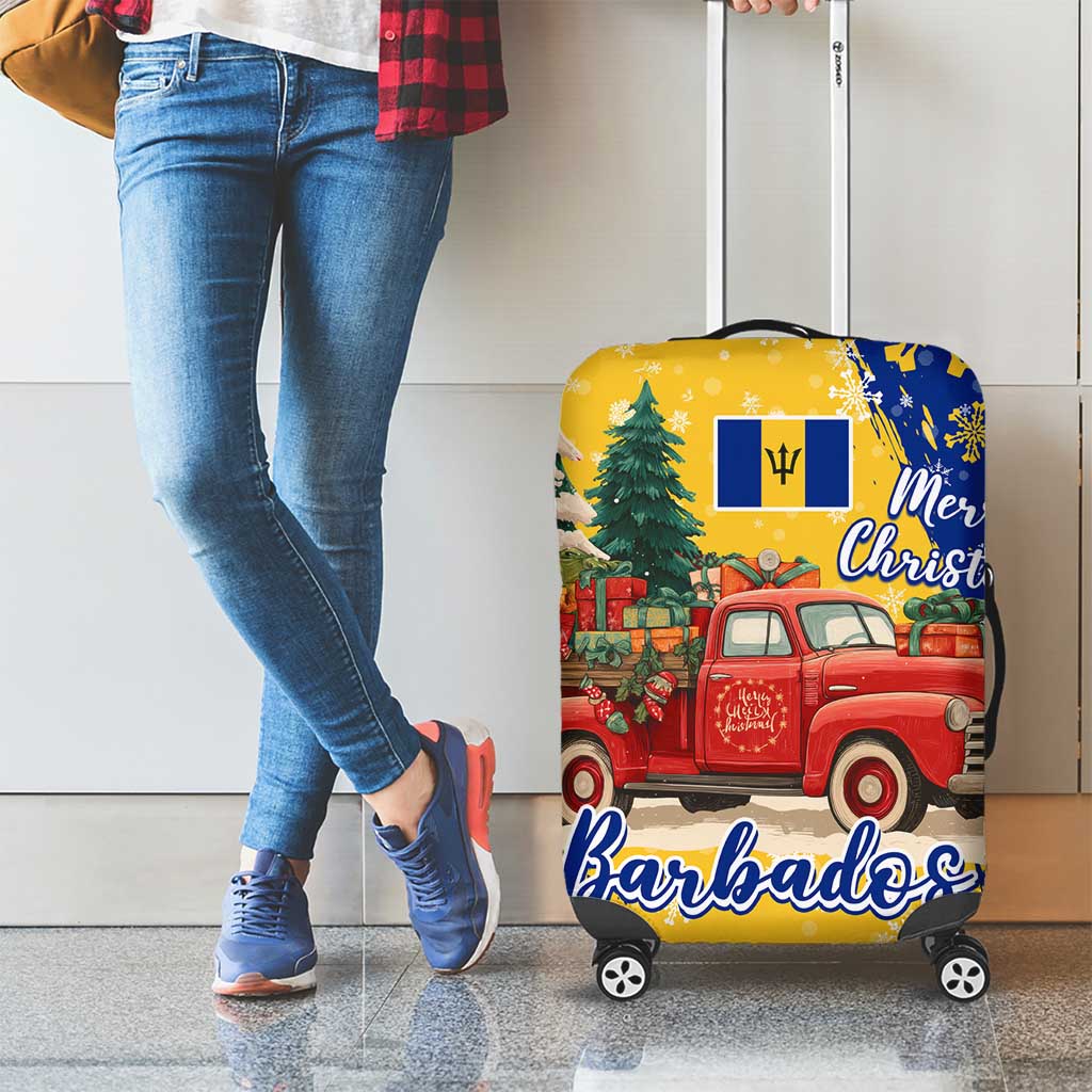 Barbados Christmas Luggage Cover with Blue Yellow Xmas Snowflakes Red Truck and Coat of Arms TS04
