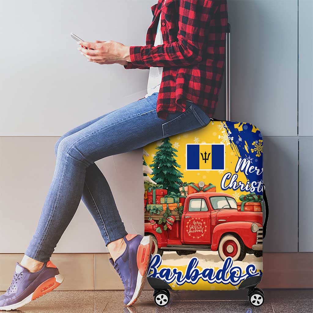 Barbados Christmas Luggage Cover with Blue Yellow Xmas Snowflakes Red Truck and Coat of Arms TS04