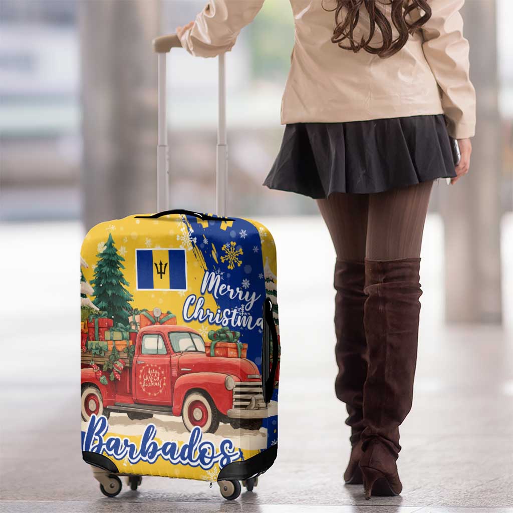 Barbados Christmas Luggage Cover with Blue Yellow Xmas Snowflakes Red Truck and Coat of Arms TS04