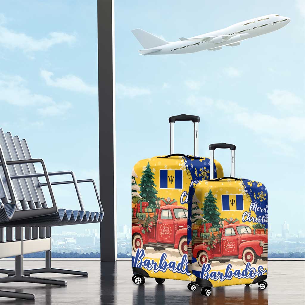 Barbados Christmas Luggage Cover with Blue Yellow Xmas Snowflakes Red Truck and Coat of Arms TS04