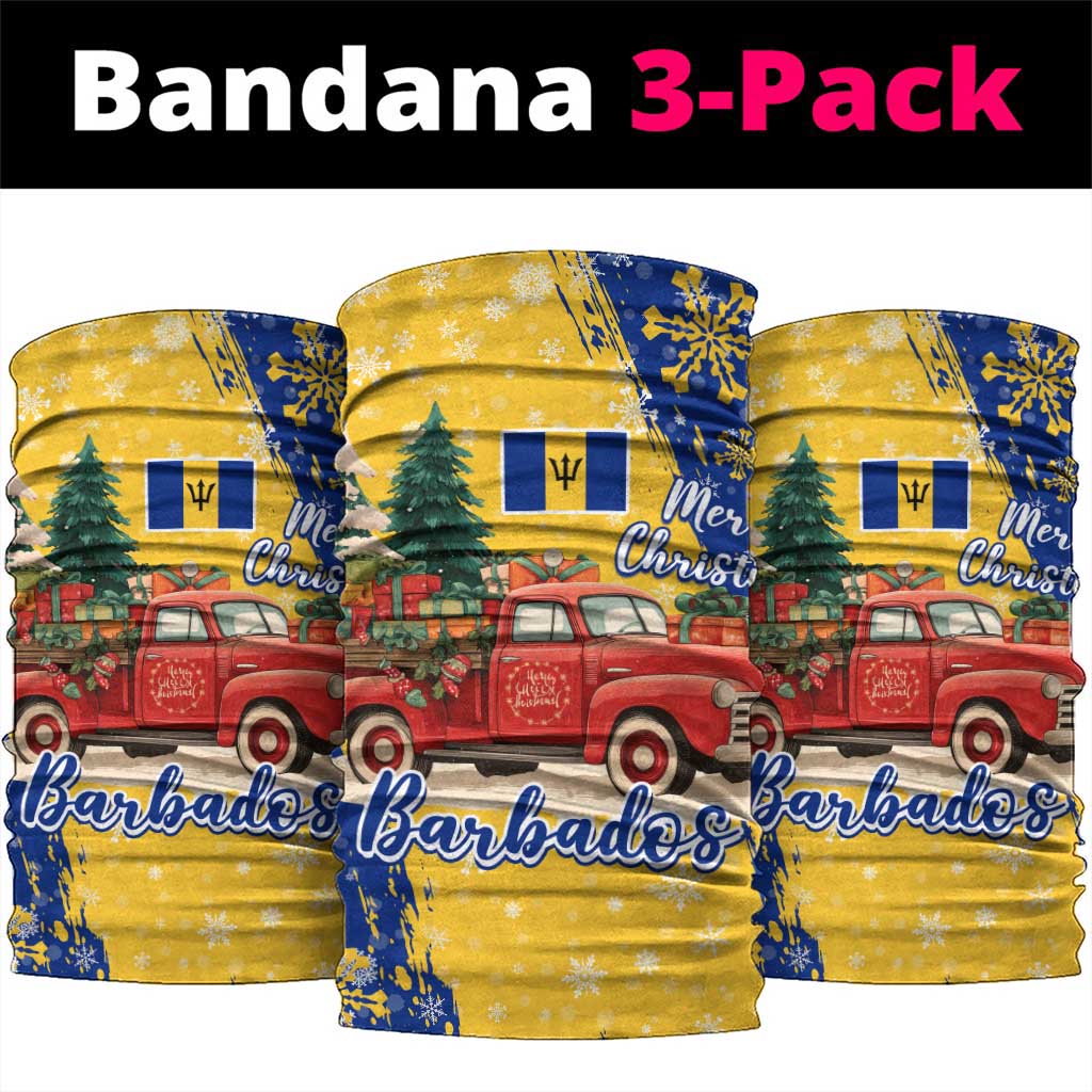 Barbados Christmas Neck Gaiter with Blue Yellow Xmas Snowflakes Red Truck and Coat of Arms TS04