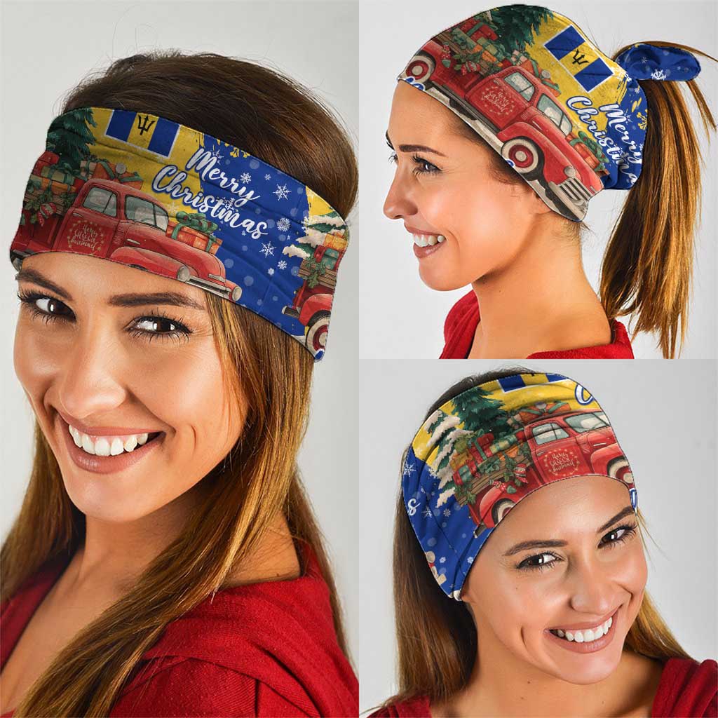 Barbados Christmas Neck Gaiter with Blue Yellow Xmas Snowflakes Red Truck and Coat of Arms TS04