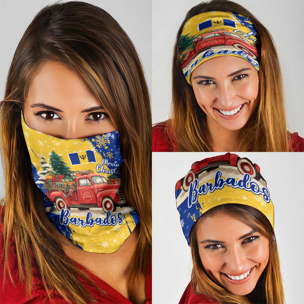 Barbados Christmas Neck Gaiter with Blue Yellow Xmas Snowflakes Red Truck and Coat of Arms TS04