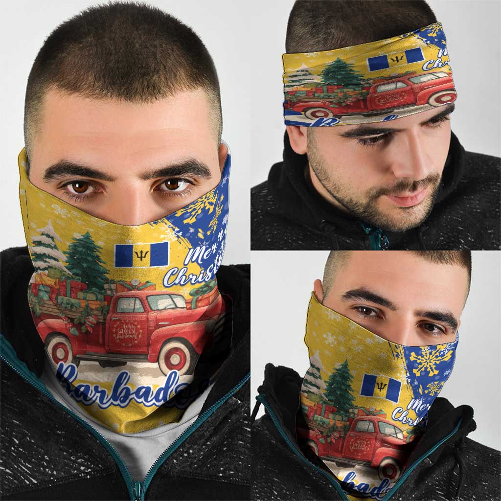 Barbados Christmas Neck Gaiter with Blue Yellow Xmas Snowflakes Red Truck and Coat of Arms TS04