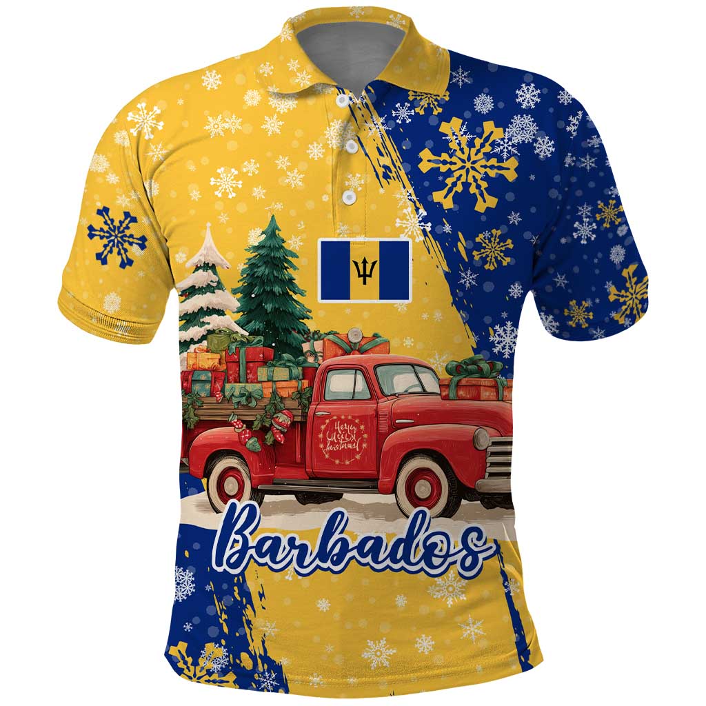 Barbados Christmas Polo Shirt with Blue Yellow Xmas Snowflakes Red Truck and Coat of Arms TS04