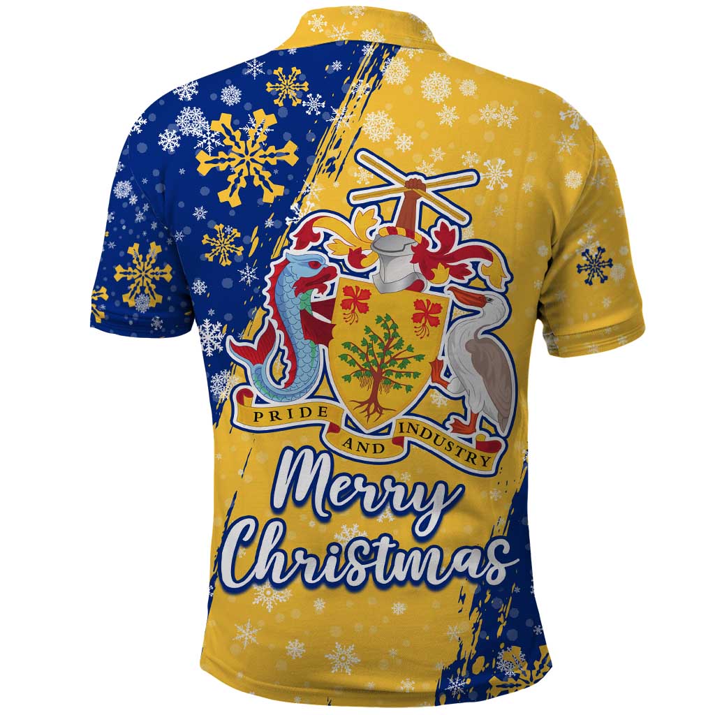 Barbados Christmas Polo Shirt with Blue Yellow Xmas Snowflakes Red Truck and Coat of Arms TS04