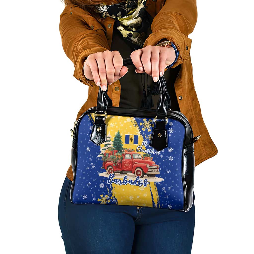 Barbados Christmas Shoulder Handbag with Blue Yellow Xmas Snowflakes Red Truck and Coat of Arms TS04