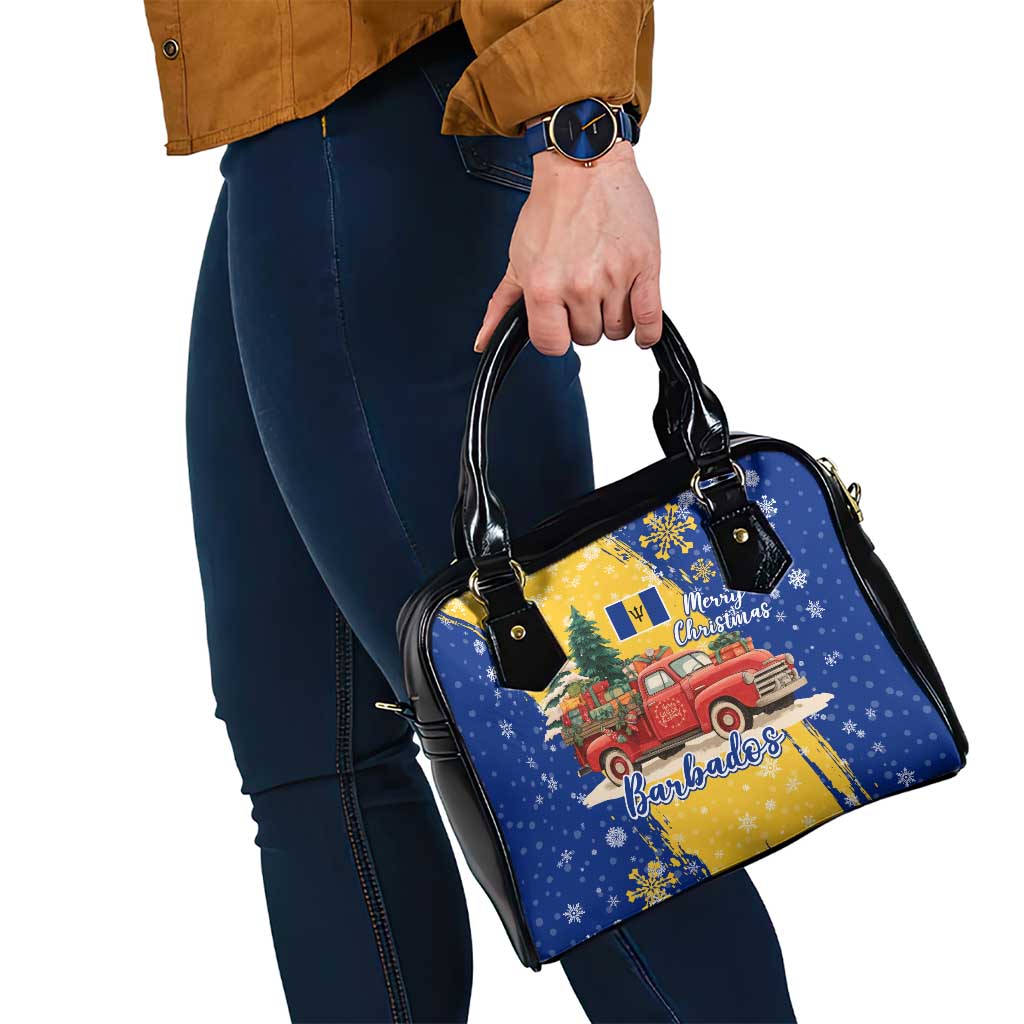 Barbados Christmas Shoulder Handbag with Blue Yellow Xmas Snowflakes Red Truck and Coat of Arms TS04