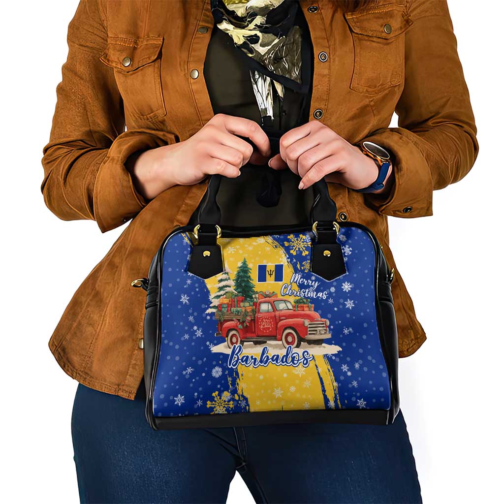Barbados Christmas Shoulder Handbag with Blue Yellow Xmas Snowflakes Red Truck and Coat of Arms TS04