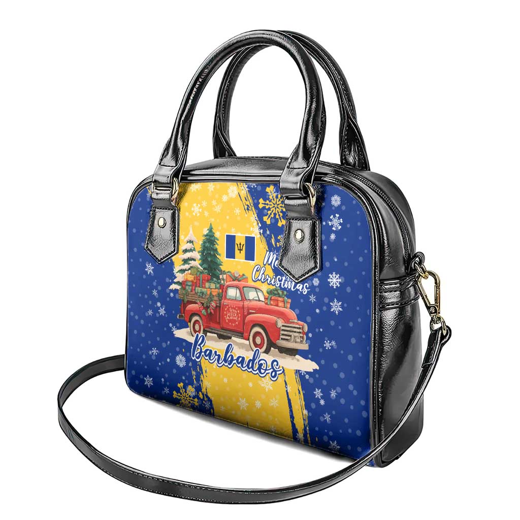 Barbados Christmas Shoulder Handbag with Blue Yellow Xmas Snowflakes Red Truck and Coat of Arms TS04