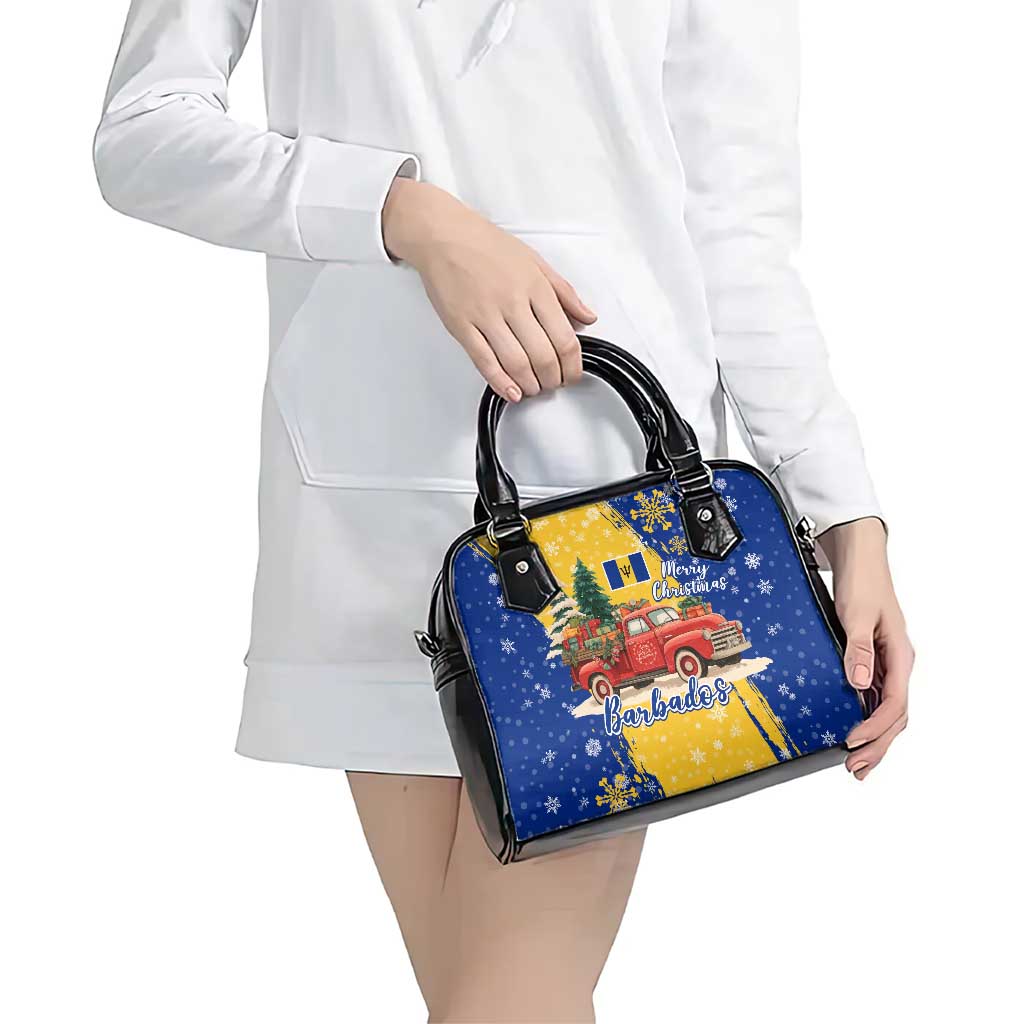 Barbados Christmas Shoulder Handbag with Blue Yellow Xmas Snowflakes Red Truck and Coat of Arms TS04