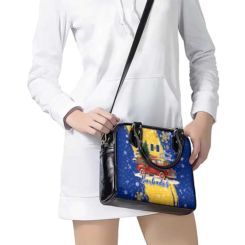 Barbados Christmas Shoulder Handbag with Blue Yellow Xmas Snowflakes Red Truck and Coat of Arms TS04