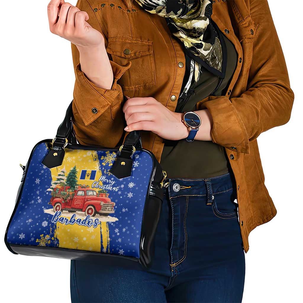 Barbados Christmas Shoulder Handbag with Blue Yellow Xmas Snowflakes Red Truck and Coat of Arms TS04
