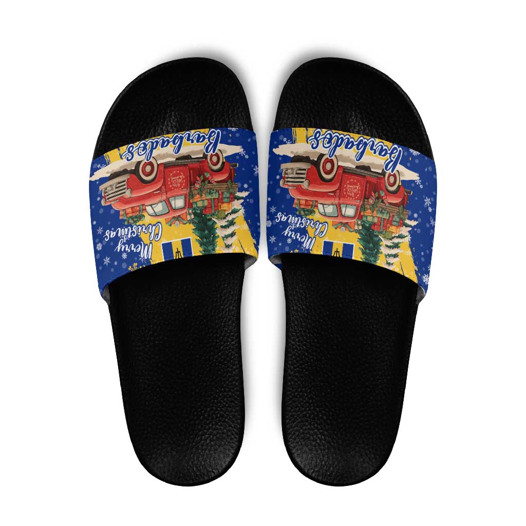 Barbados Christmas Slide Sandals with Blue Yellow Xmas Snowflakes Red Truck and Coat of Arms TS04