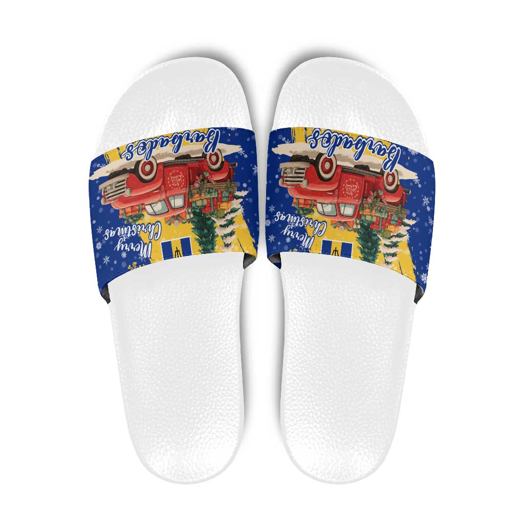 Barbados Christmas Slide Sandals with Blue Yellow Xmas Snowflakes Red Truck and Coat of Arms TS04