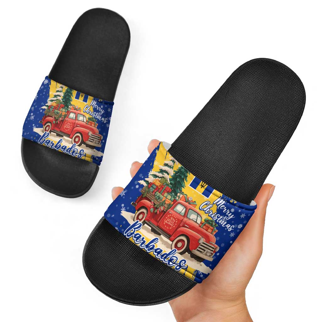 Barbados Christmas Slide Sandals with Blue Yellow Xmas Snowflakes Red Truck and Coat of Arms TS04