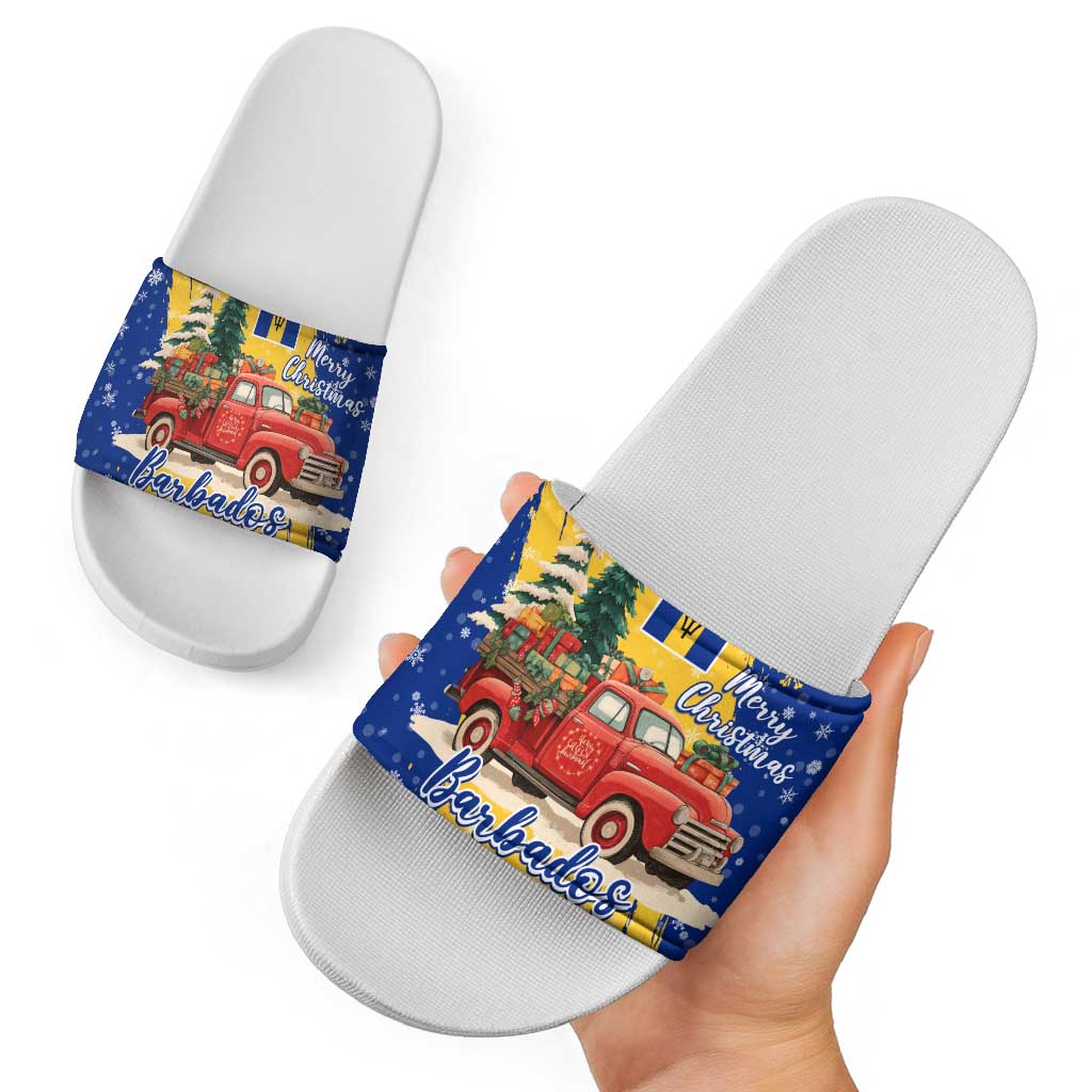 Barbados Christmas Slide Sandals with Blue Yellow Xmas Snowflakes Red Truck and Coat of Arms TS04