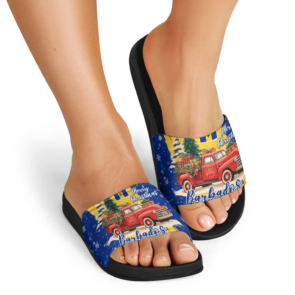 Barbados Christmas Slide Sandals with Blue Yellow Xmas Snowflakes Red Truck and Coat of Arms TS04