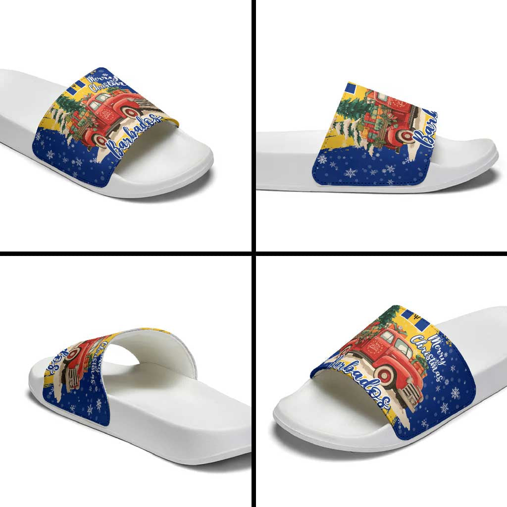 Barbados Christmas Slide Sandals with Blue Yellow Xmas Snowflakes Red Truck and Coat of Arms TS04